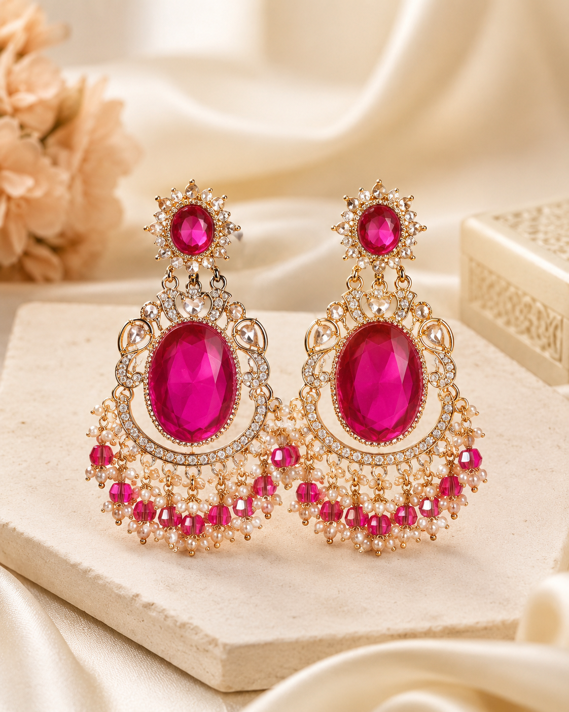 Gold Polki Chandbali Earrings with Fuchsia Pink Stone & Ruby Fringe | OL 60