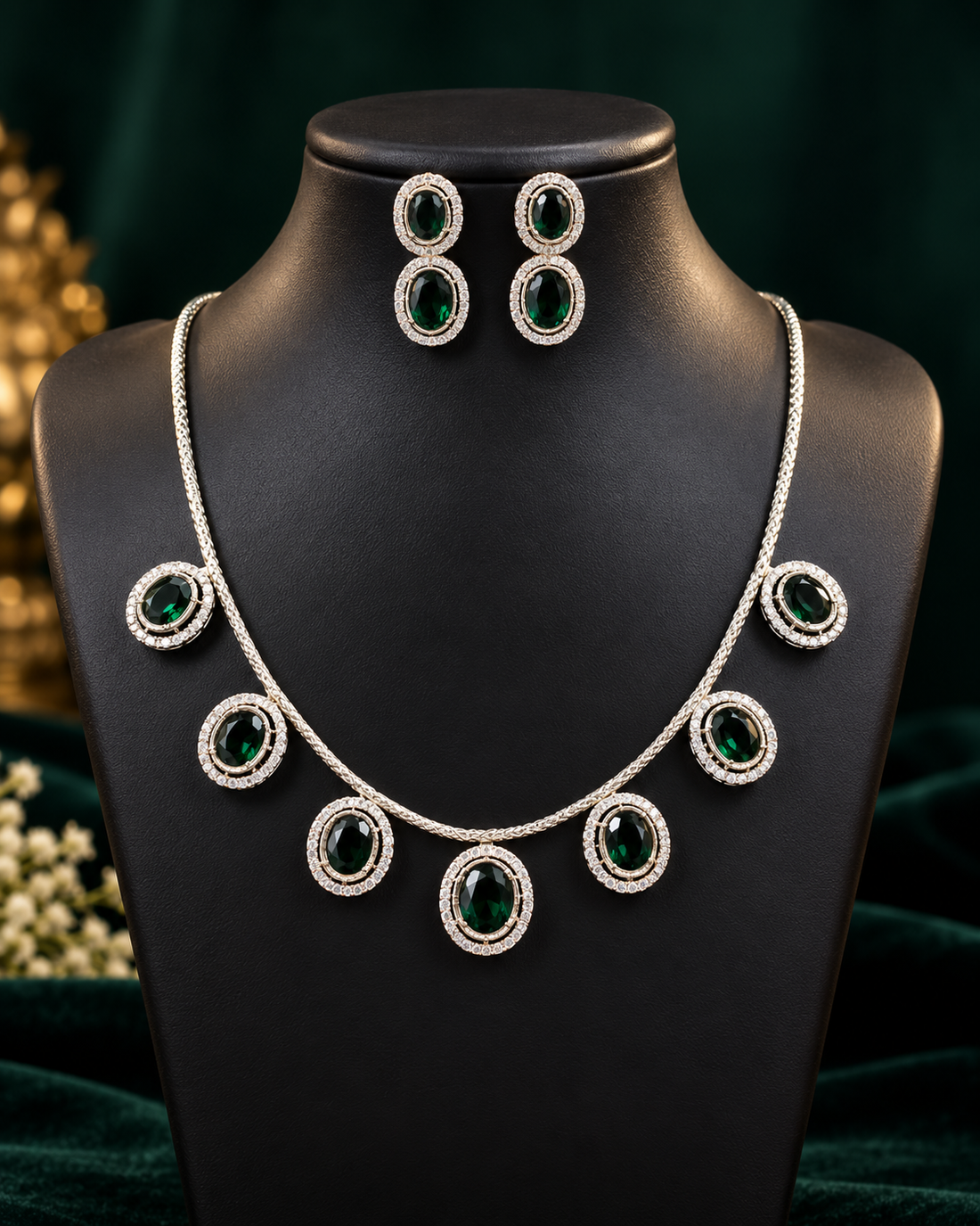 Elegant Emerald Green Stone Necklace Set with Matching Earrings | L16381