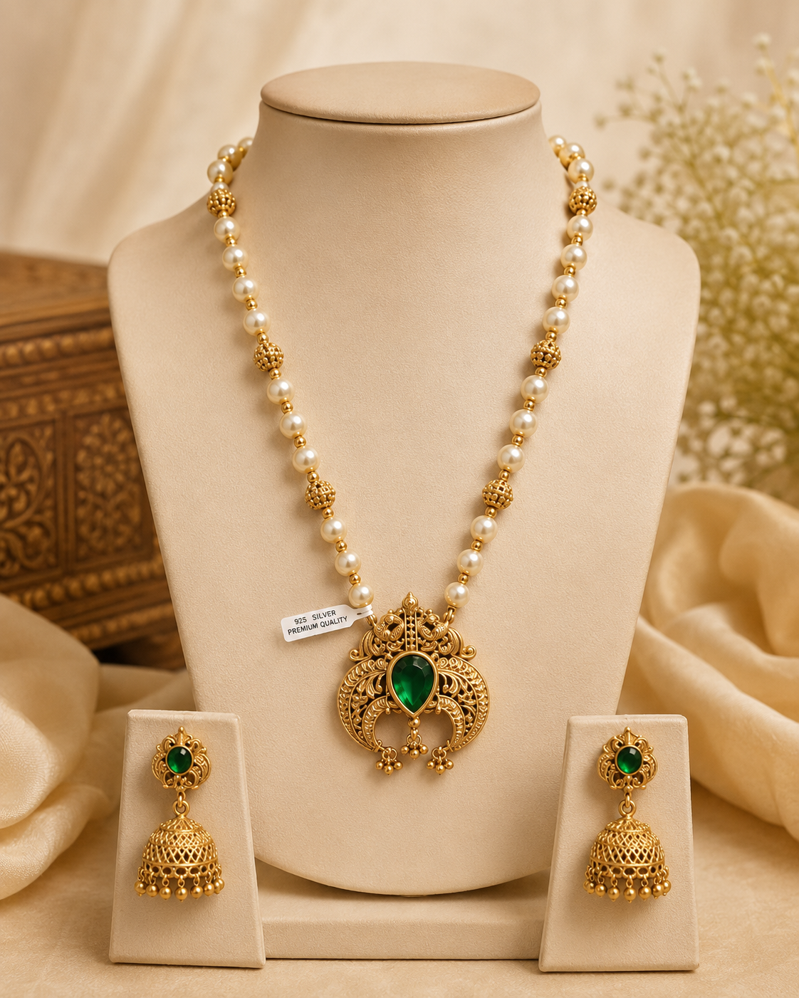 Gold-plated necklace and matching earrings set with white pearls and a central green stone pendant, displayed on a cream jewelry bust with small earring stands against a soft beige fabric background.