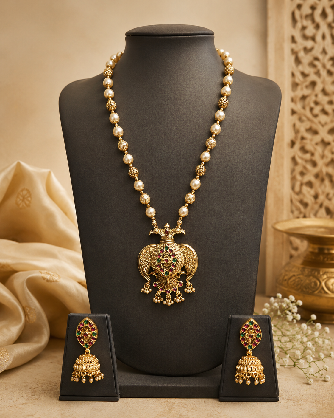 Gold-toned traditional Indian jewelry set featuring a long pearl-beaded necklace with an elephant pendant, matching drop earrings, displayed on a black mannequin bust with decorative fabric and a brass vessel in the background.