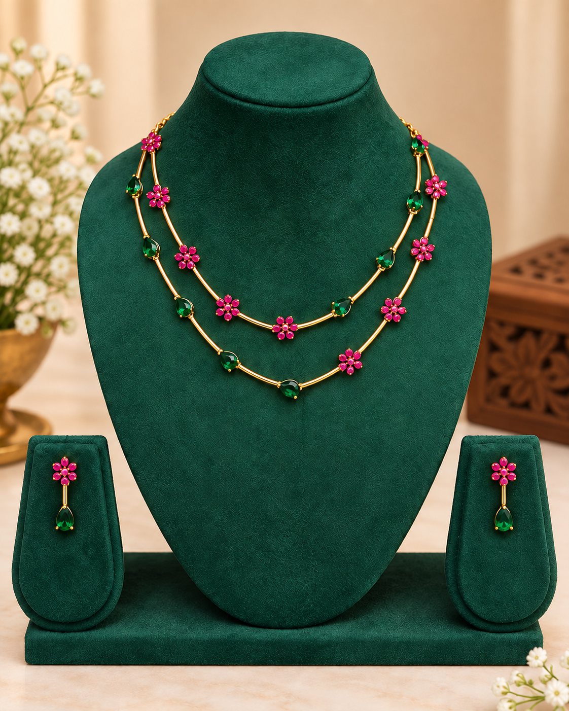 Floral Necklace Set With Double Layer Chains And Earrings | ONK189