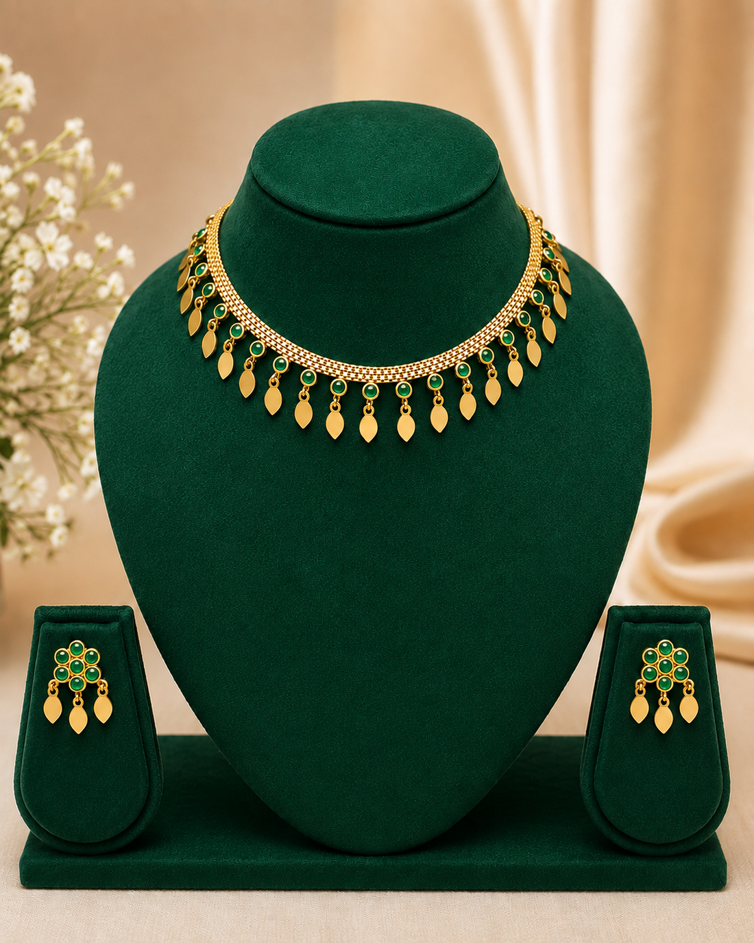 Gold-toned traditional Indian jewelry set featuring a necklace and matching earring worn by a model. The jewelry is decorated with gold leaf-shaped dangling charms, small red and green stone accents, and a textured beaded chain.