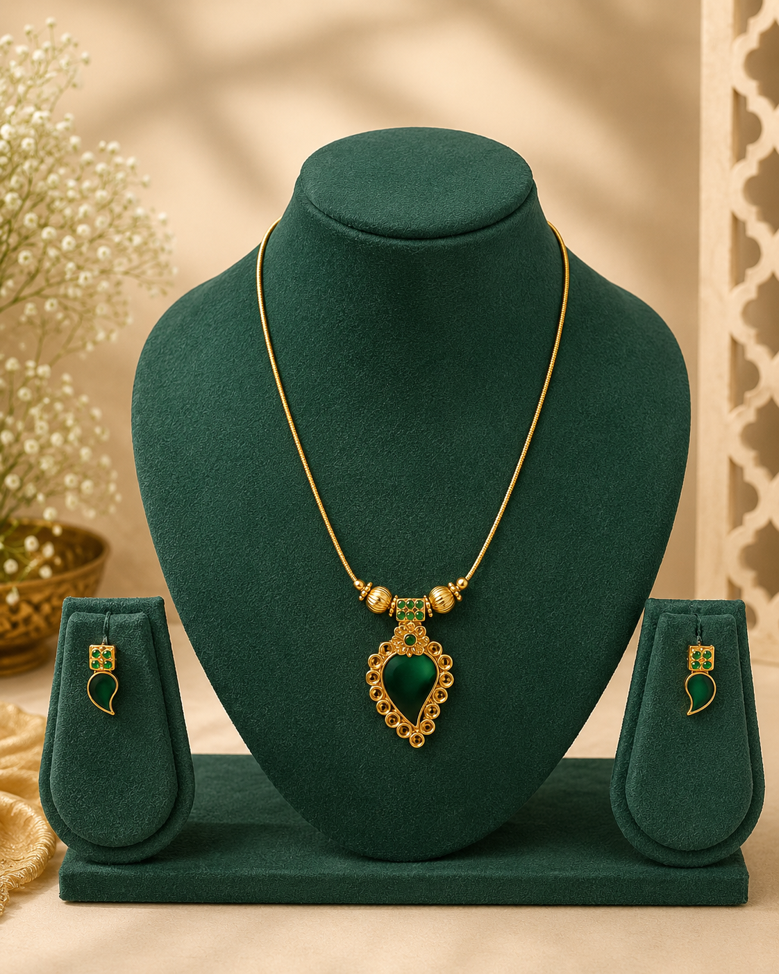 Gold jewelry set with a heart-shaped pendant necklace and matching drop earrings, displayed on a dark green velvet jewelry bust with matching display stands.