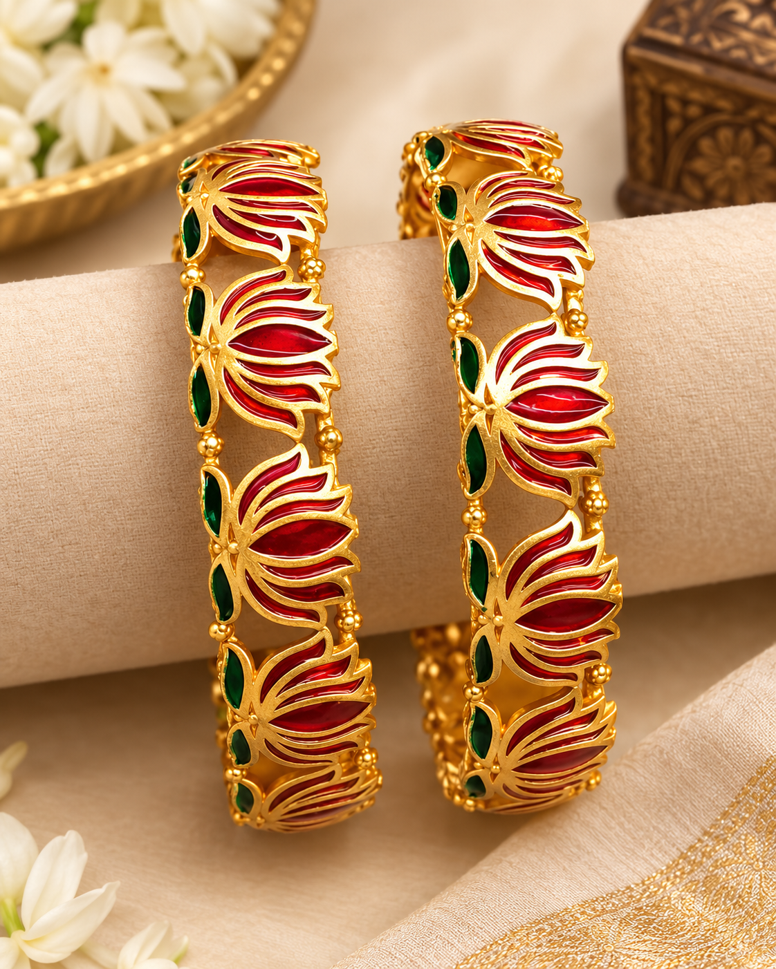 Buy 1 Get 1 Free, Gold Deep Red Meenakari Lotus Bangle Bracelet | L11123