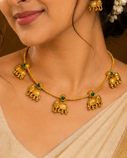 Gold Elephant Temple Necklace Set with Green Stone Earrings | ONK142