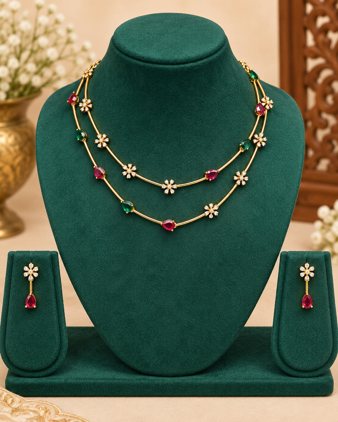 Floral Necklace Set With Double Layer Chains And Earrings | ONK189