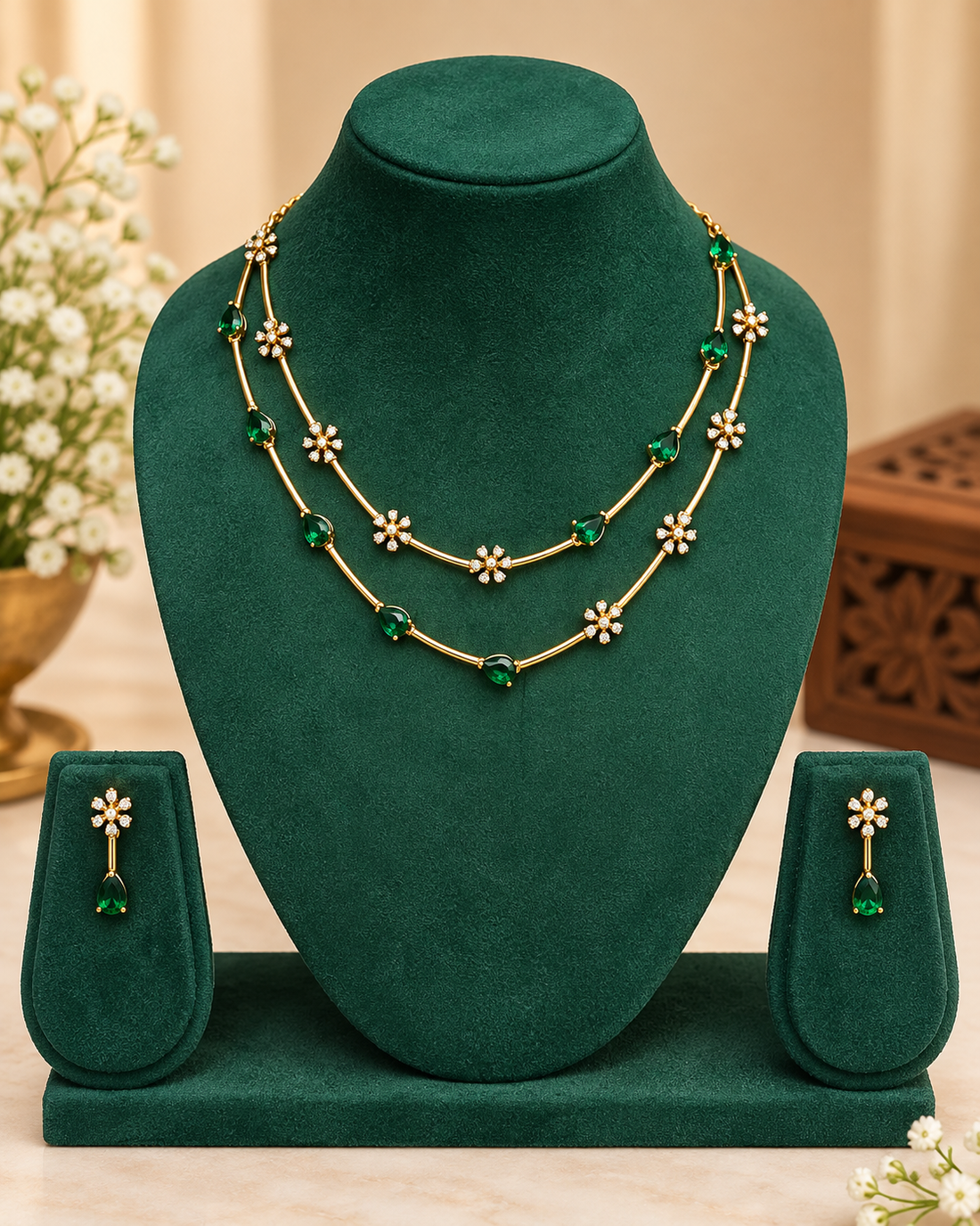 Floral Necklace Set With Double Layer Chains And Earrings | ONK189