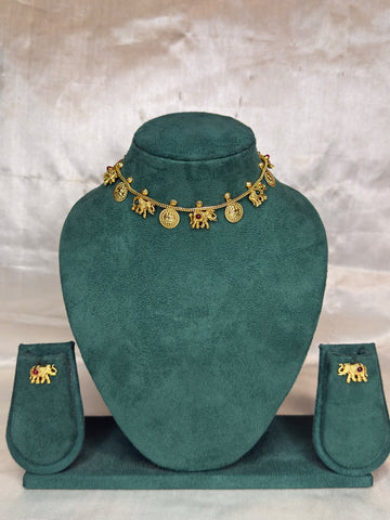 Traditional Elephant Gold Necklace Set with Matching Earrings | GT620