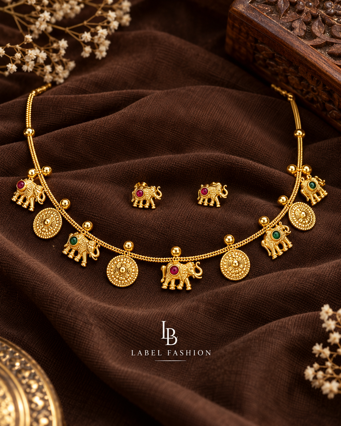 Traditional Elephant Gold Necklace Set with Matching Earrings | GT620