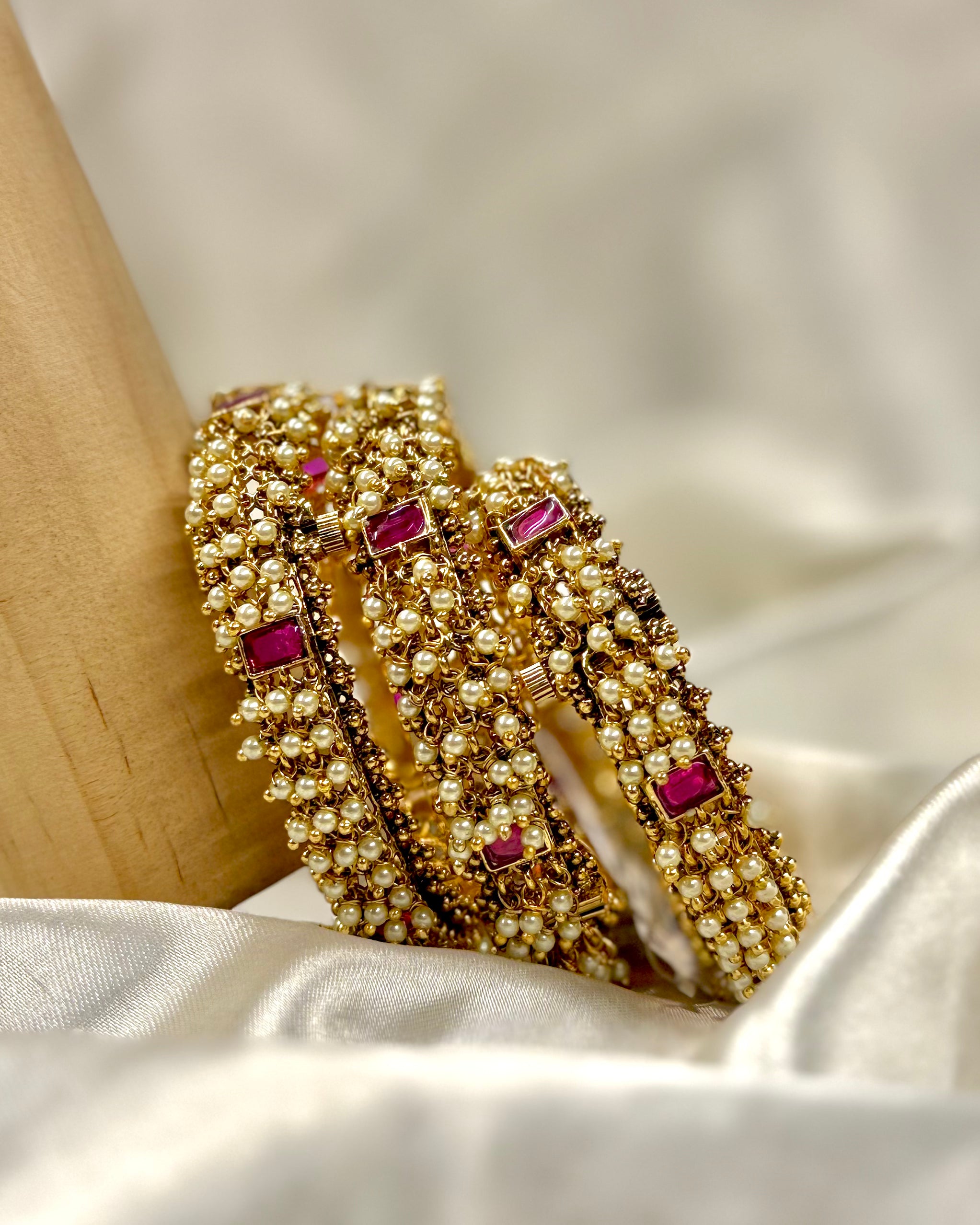 Gold-Toned Pearl Beaded Bangle with Pink Stone Embellishments- 1 BANGLE | GV1120