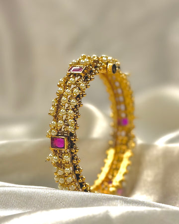 Gold-Toned Pearl Beaded Bangle with Pink Stone Embellishments- 1 BANGLE | GV1120
