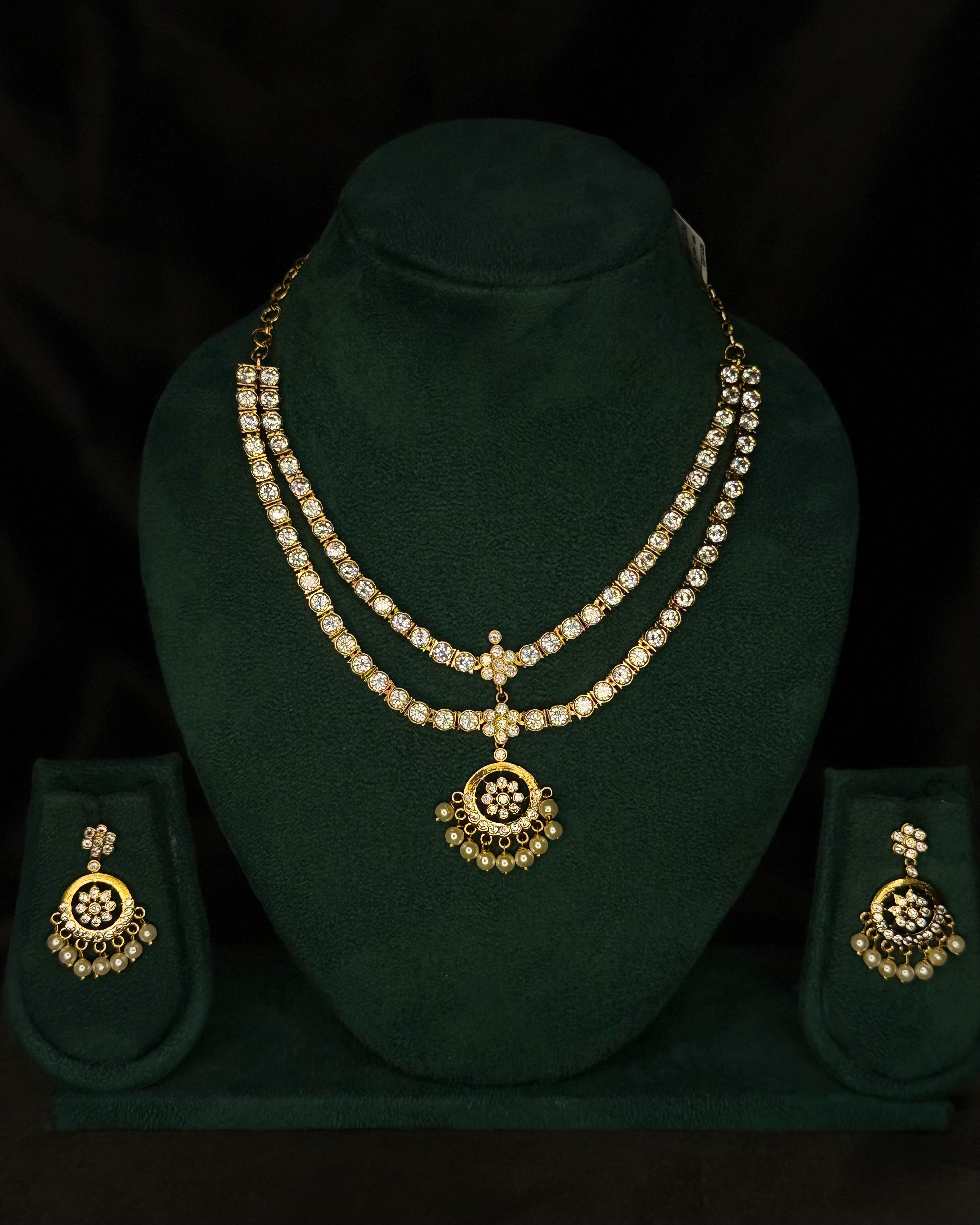 Gold Double Layer White Stone Necklace Set with Matching Earrings | GV1356