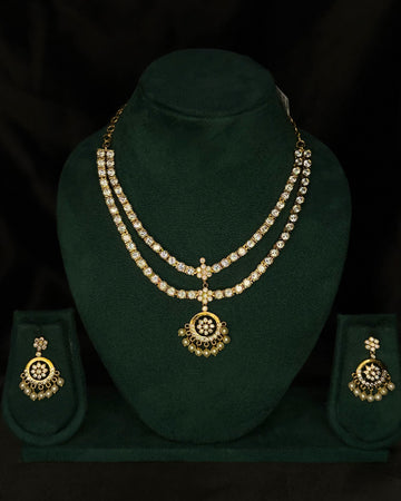 Gold Double Layer White Stone Necklace Set with Matching Earrings | GV1356