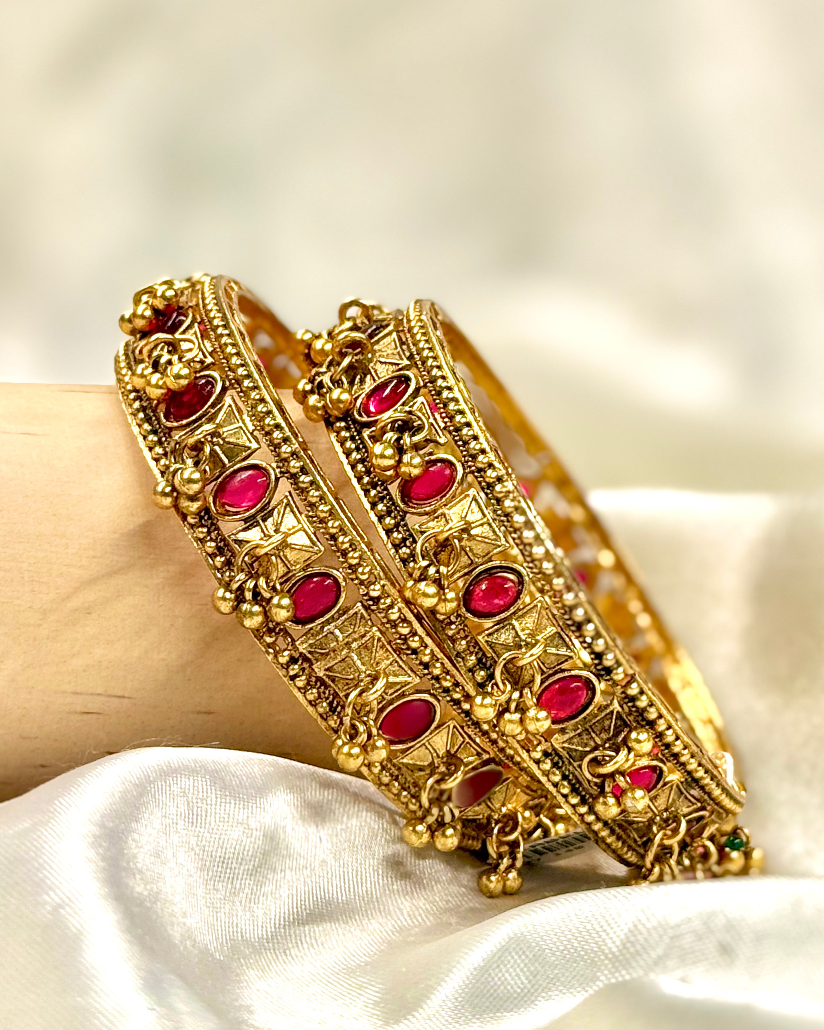 Traditional Antique Gold-Tone Red Stone Bangles with Hanging Bead Details - 1 BANGLE | GV140
