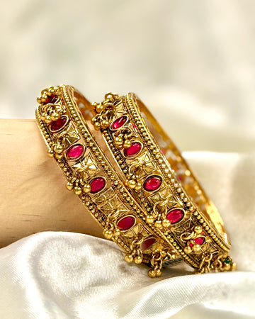 Traditional Antique Gold-Tone Red Stone Bangles with Hanging Bead Details - 1 BANGLE | GV140