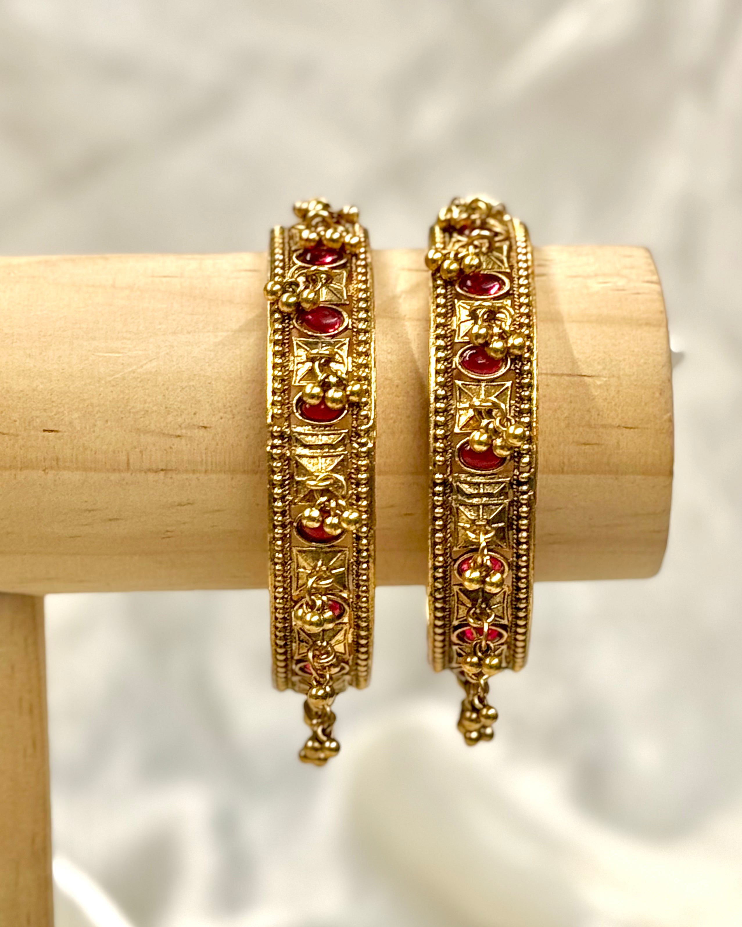 Traditional Antique Gold-Tone Red Stone Bangles with Hanging Bead Details - 1 BANGLE | GV140