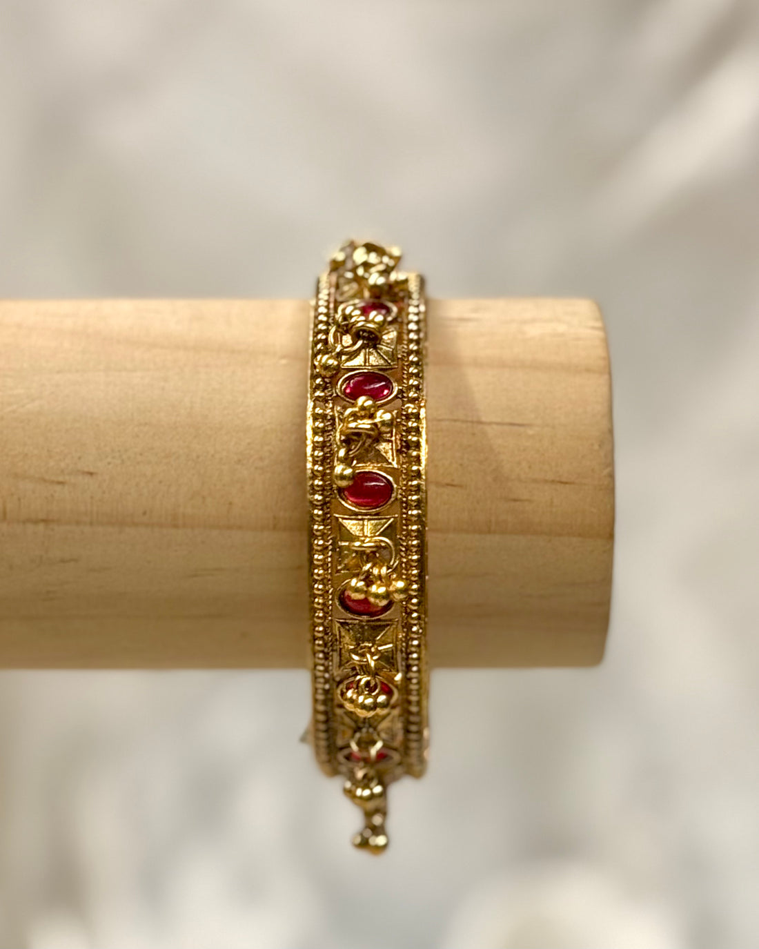 Traditional Antique Gold-Tone Red Stone Bangles with Hanging Bead Details - 1 BANGLE | GV140