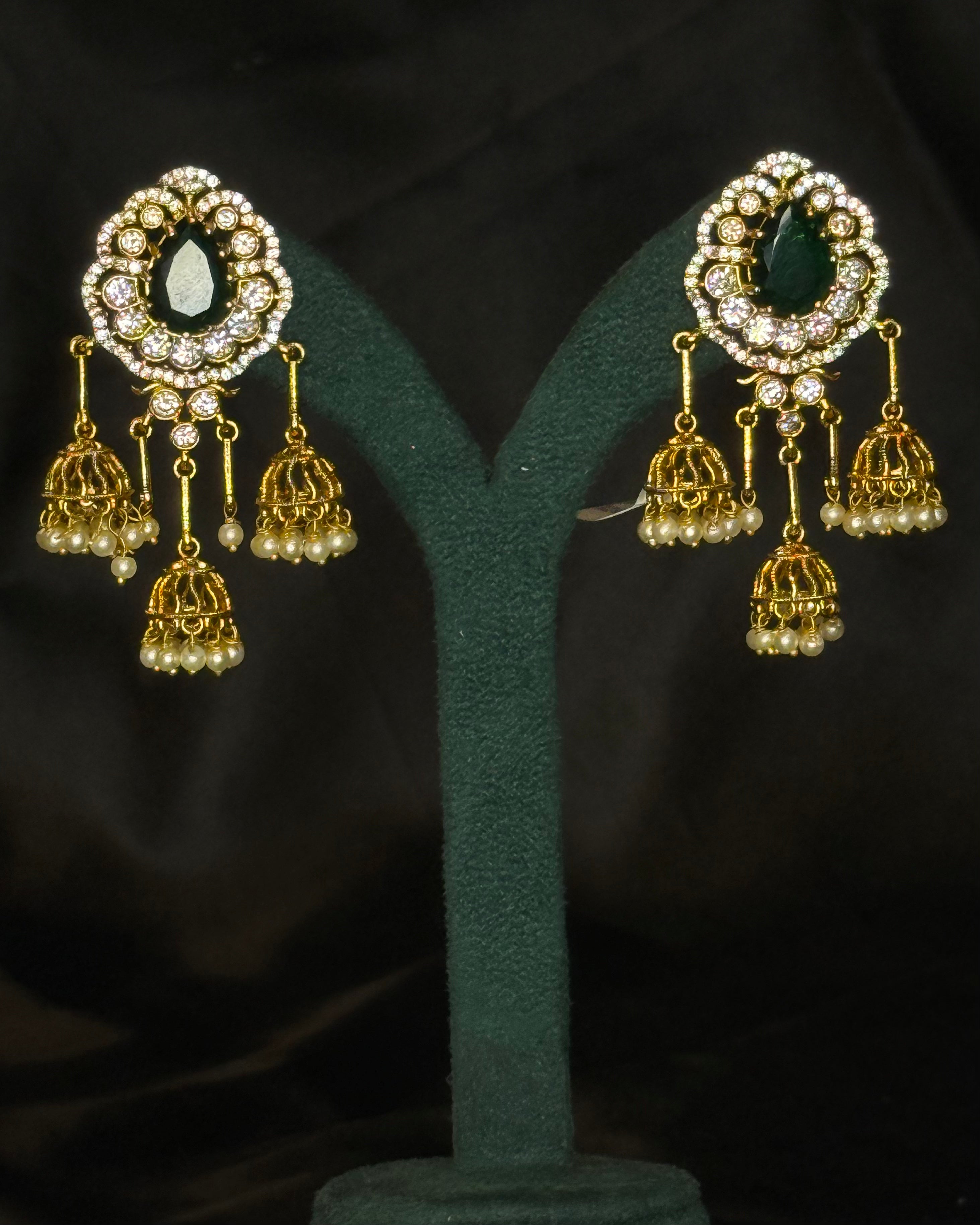 Green Stone Jhumka Earrings with Crystal Studs | GV159