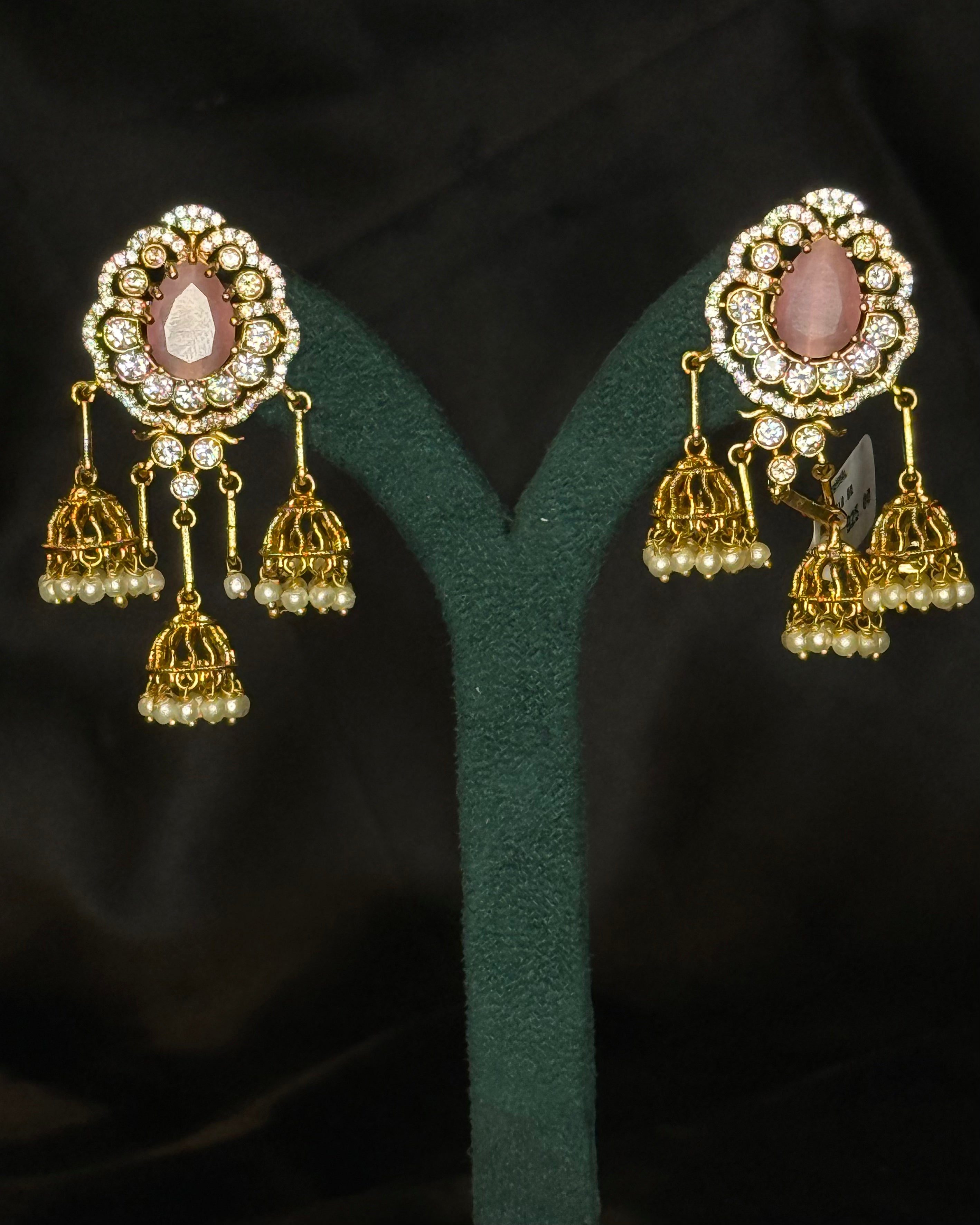 Green Stone Jhumka Earrings with Crystal Studs | GV159