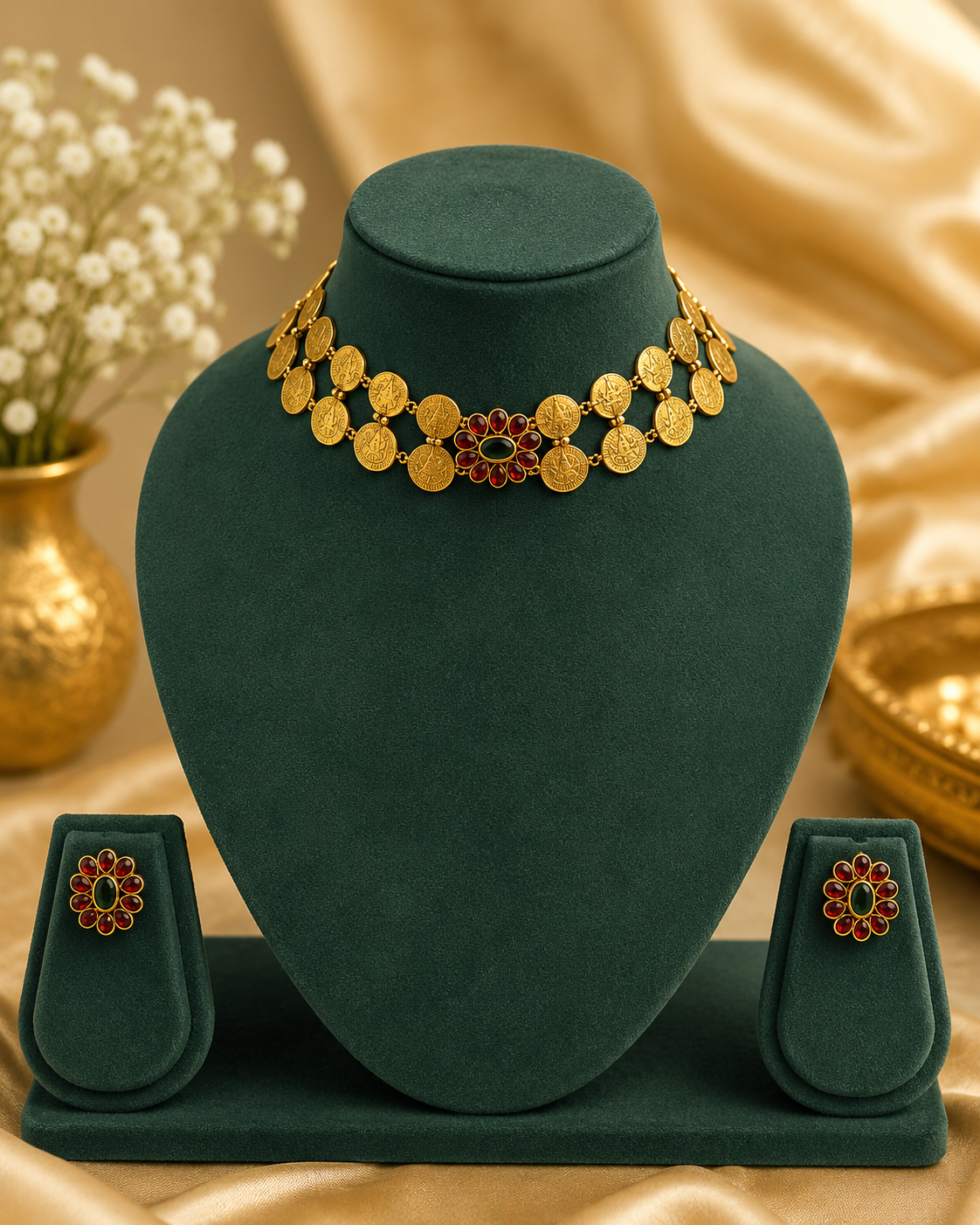Gold Lakshmi Coin Choker Necklace Set with Floral Studs | GV20