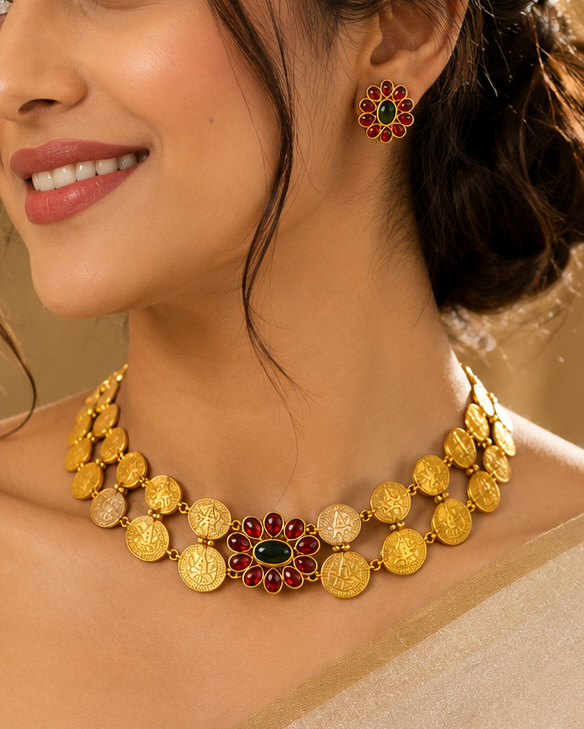 A woman wearing a gold coin-style necklace with a red and green floral center, matching gold and red earrings, and a beige sari in a warm indoor setting.