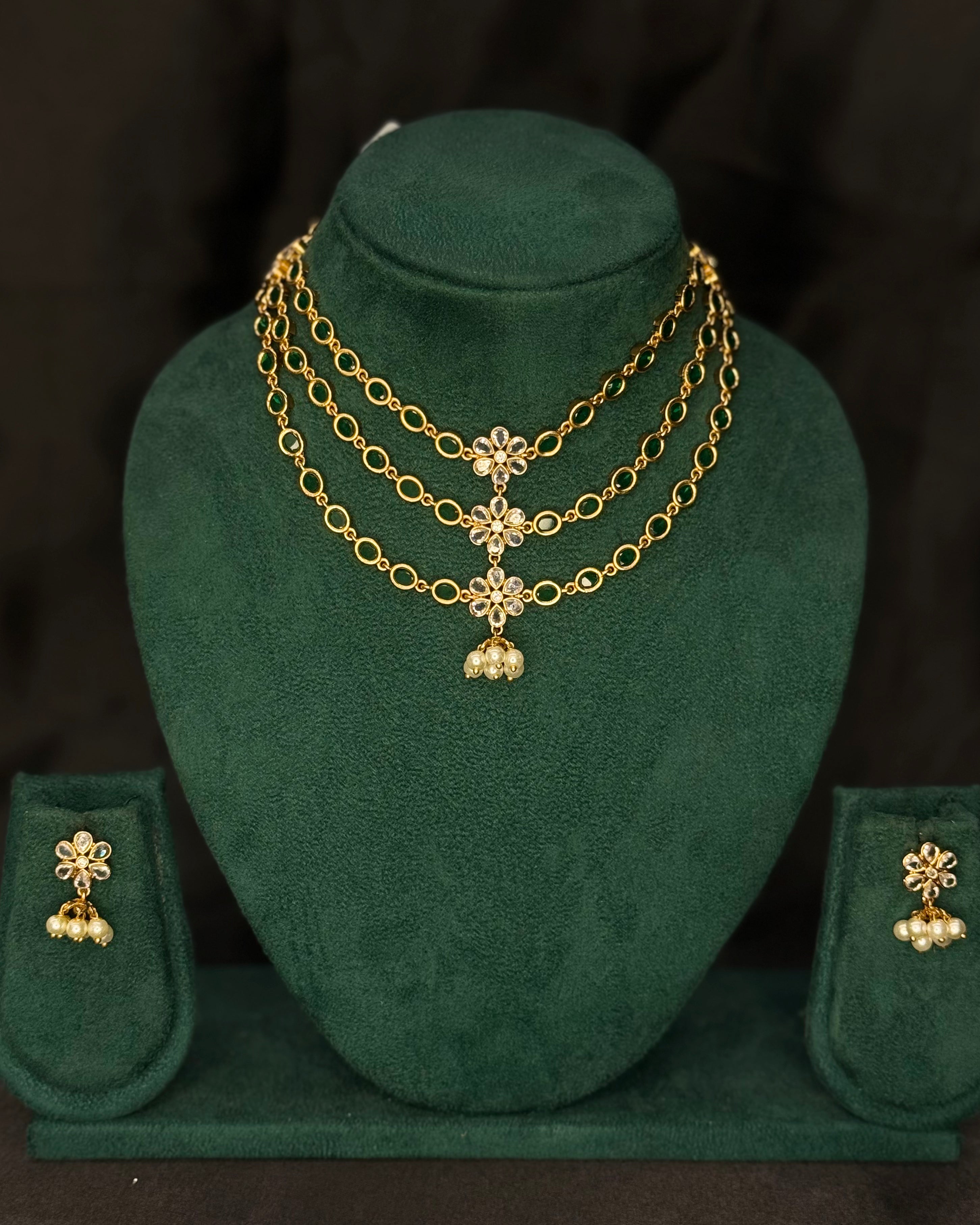 Gold-Tone Layered Necklace Set with Pearl Drop Earrings | GV356