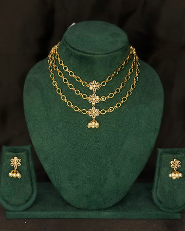 Gold-Tone Layered Necklace Set with Pearl Drop Earrings | GV356