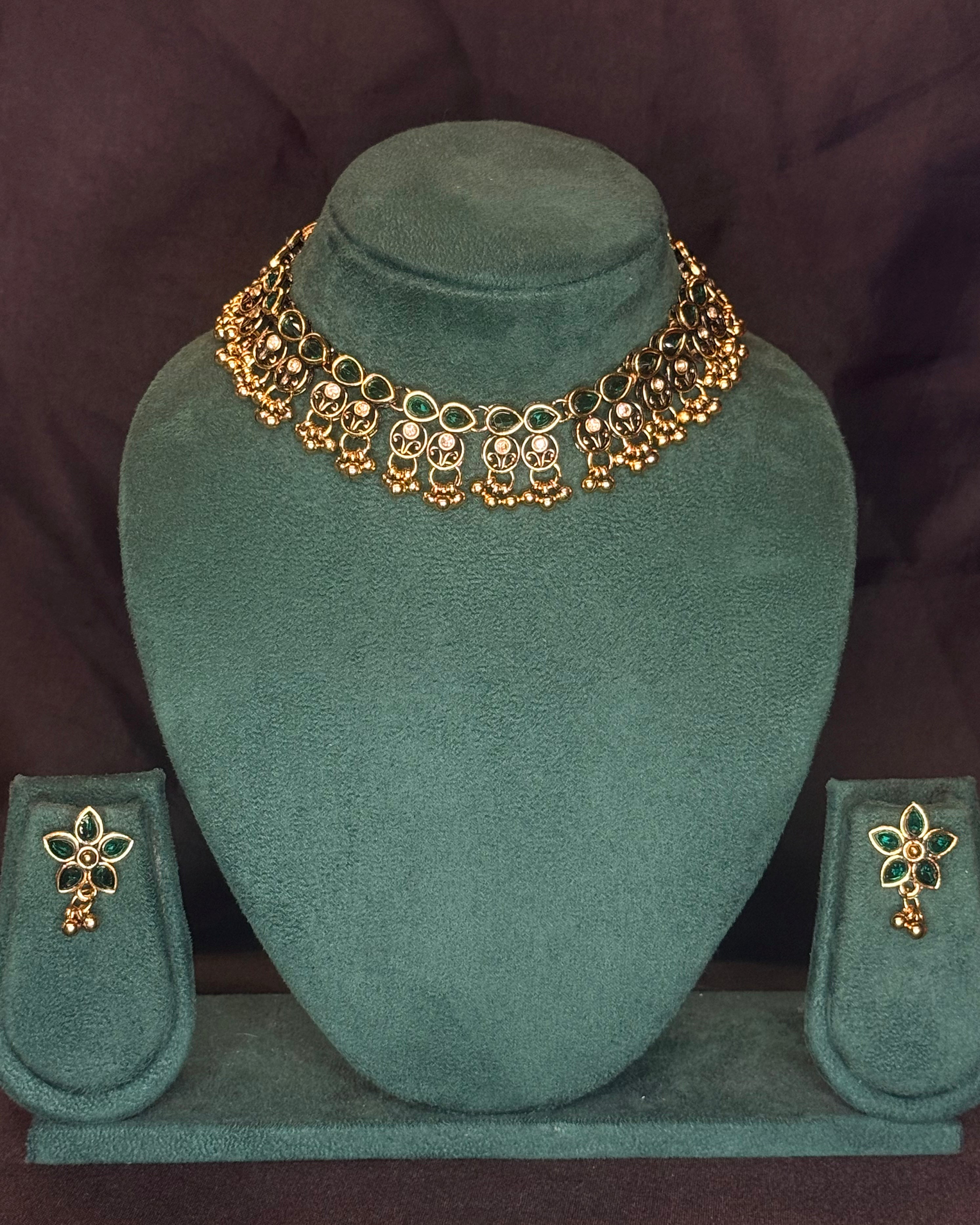 Oxidized Gold Necklace Set with Pearl Floral Design | GV434