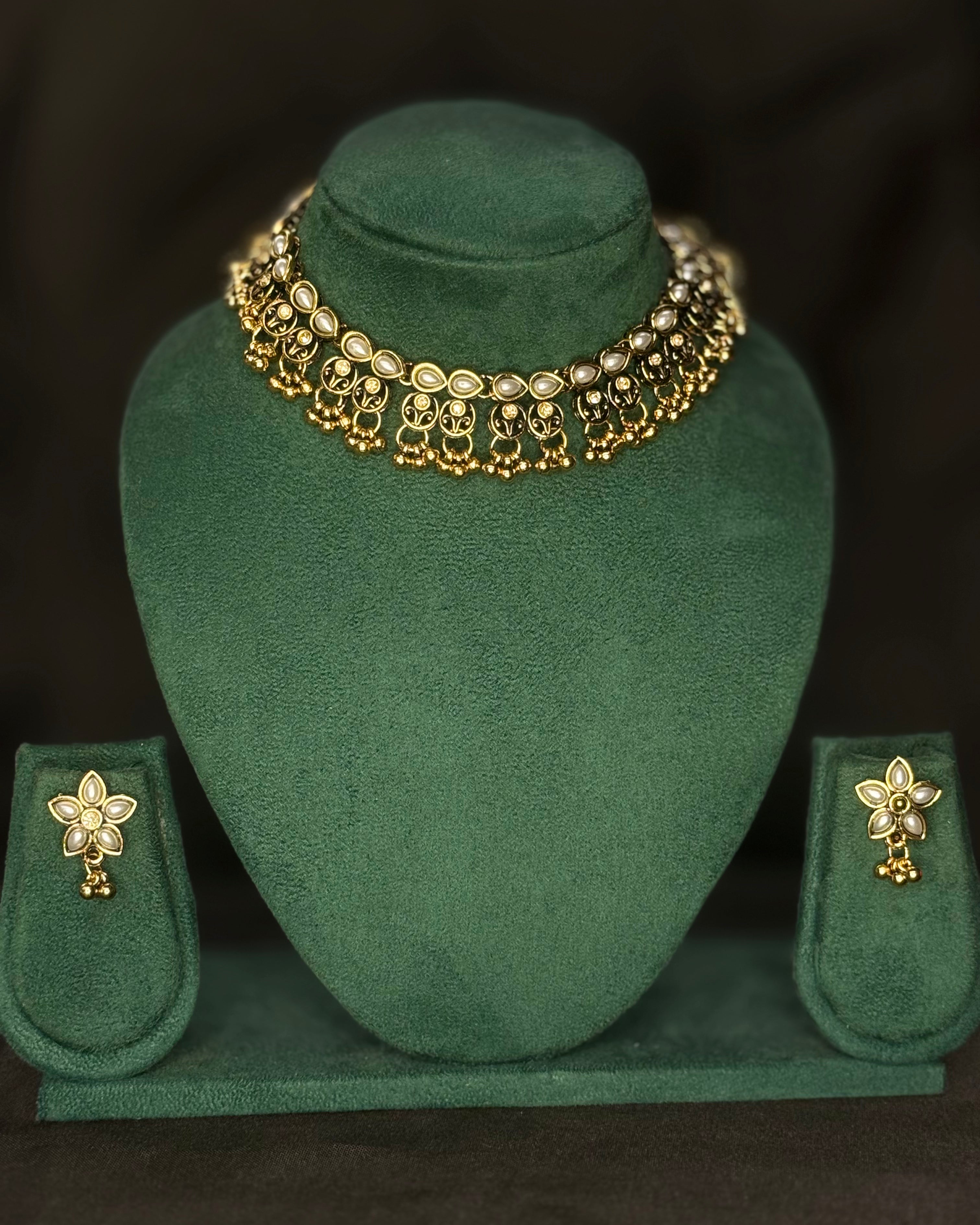 Oxidized Gold Necklace Set with Pearl Floral Design | GV434