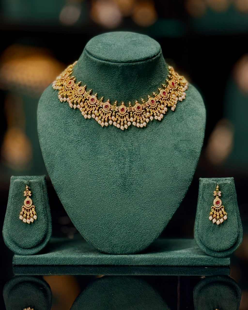 Elegant Gold Necklace Set with Ruby Stones & Pearl Drops | GV670/GV973