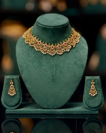 Elegant Gold Necklace Set with Ruby Stones & Pearl Drops | GV670/GV973