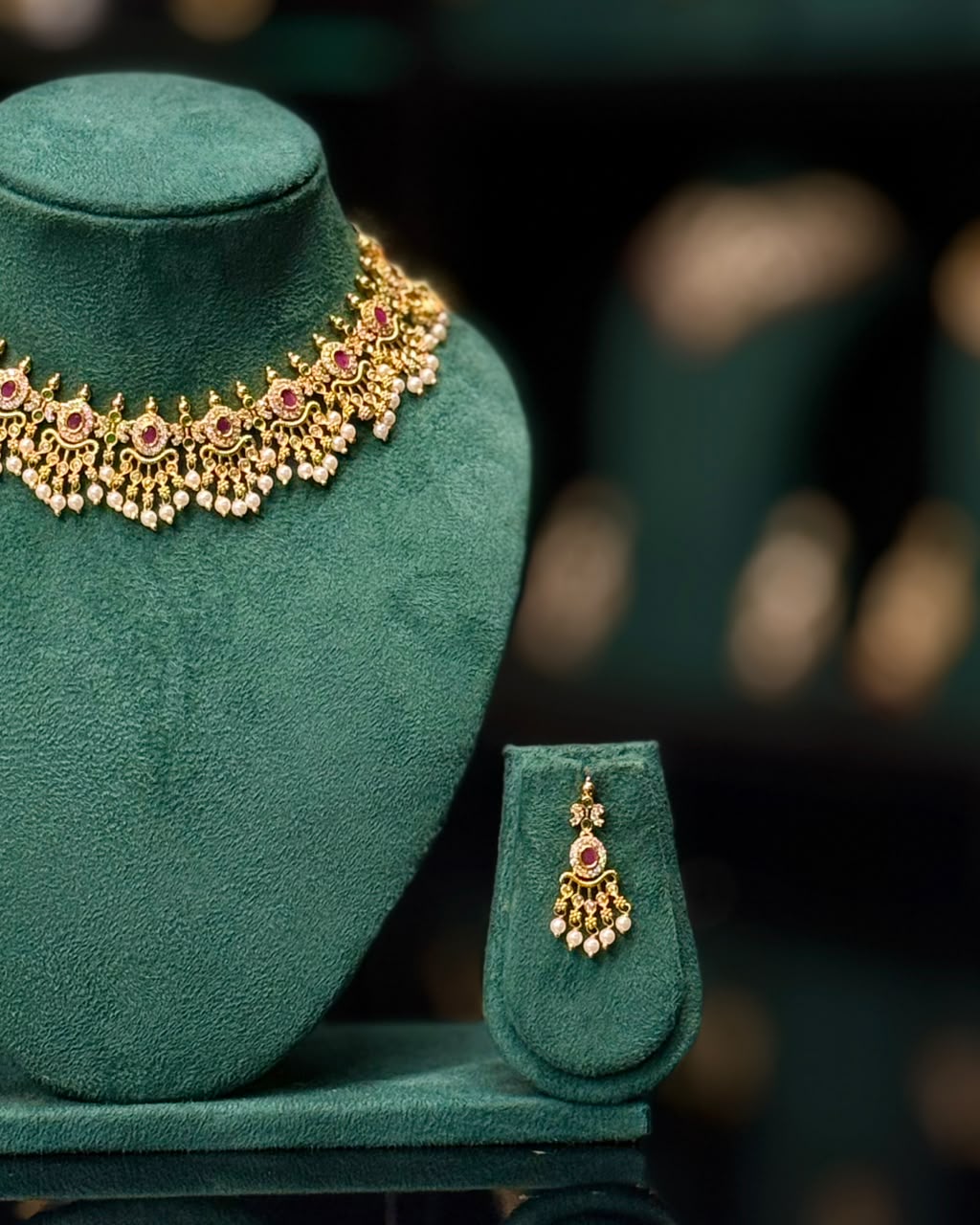 Elegant Gold Necklace Set with Ruby Stones & Pearl Drops | GV670/GV973