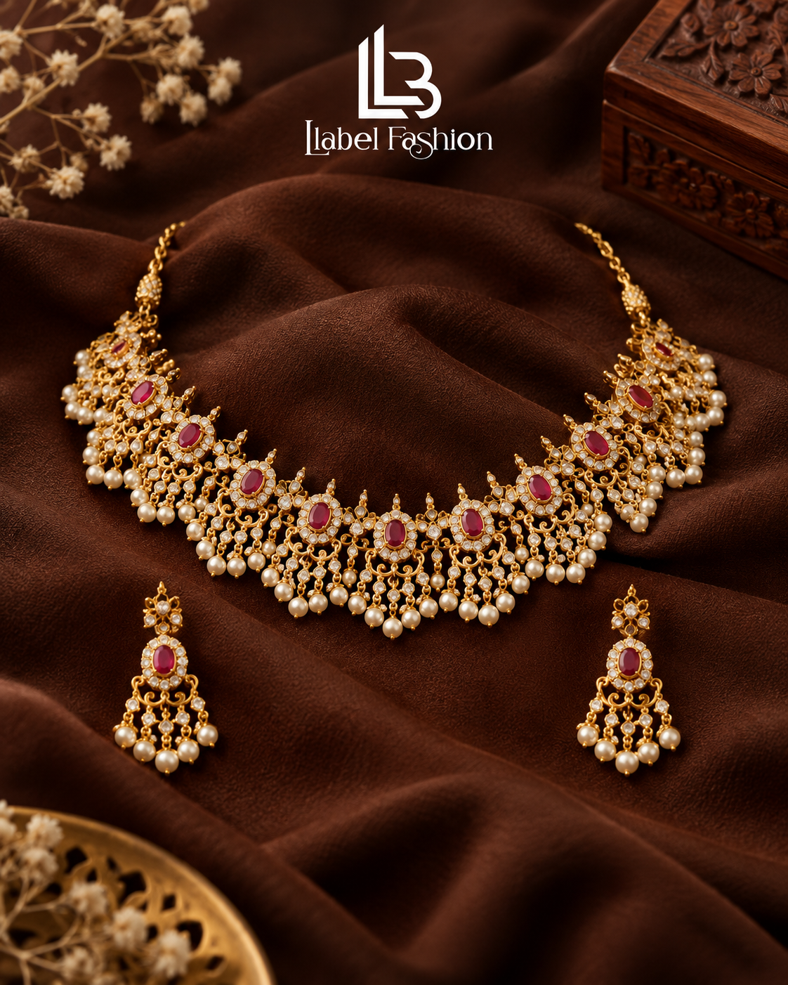 Elegant Gold Necklace Set with Ruby Stones & Pearl Drops | GV670/GV973