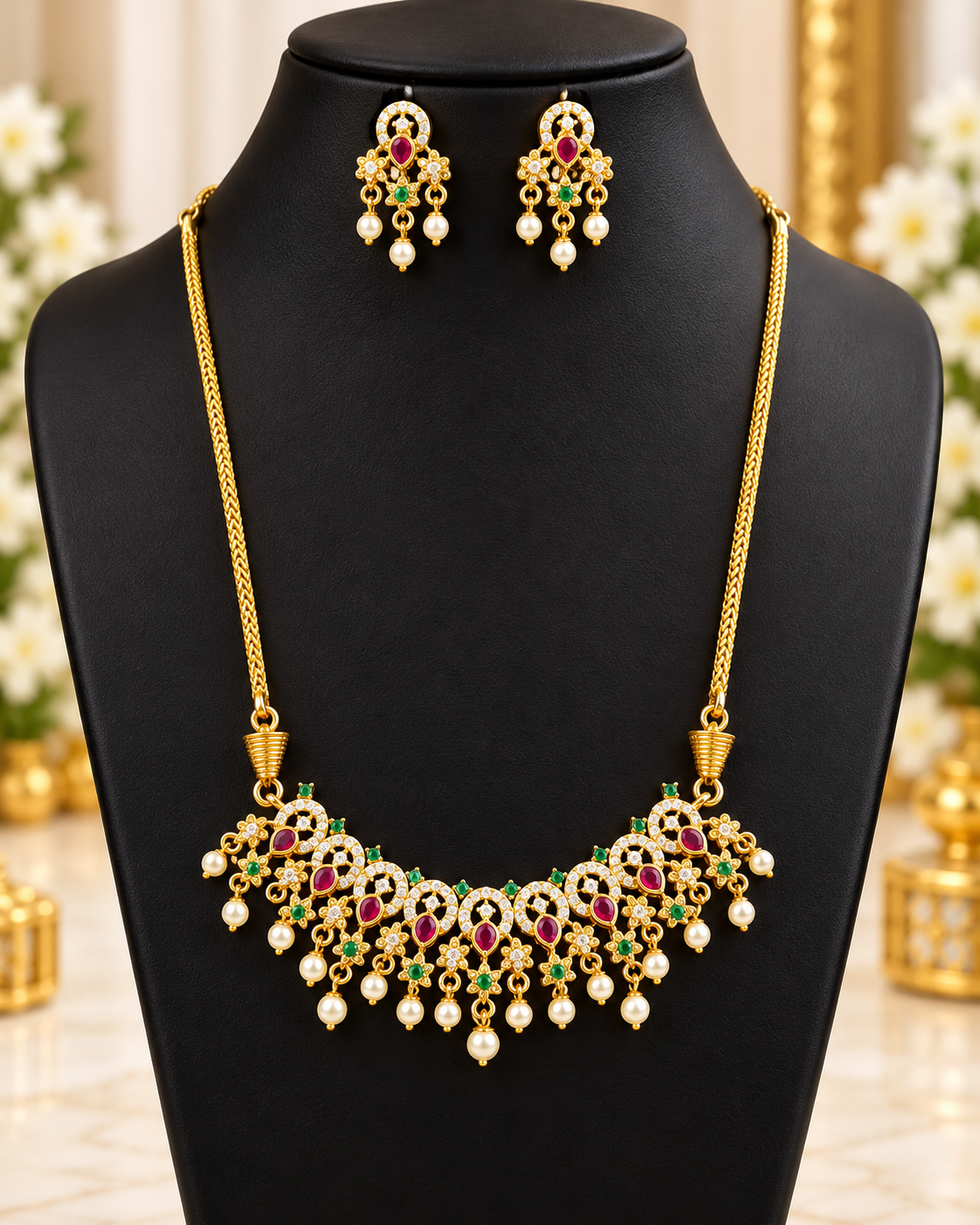 Ruby Green Pearl American Diamond Set | GV676