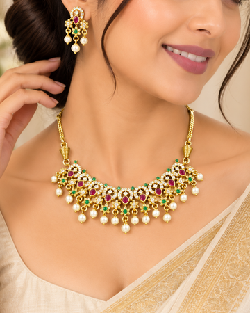 Ruby Green Pearl American Diamond Set | GV676