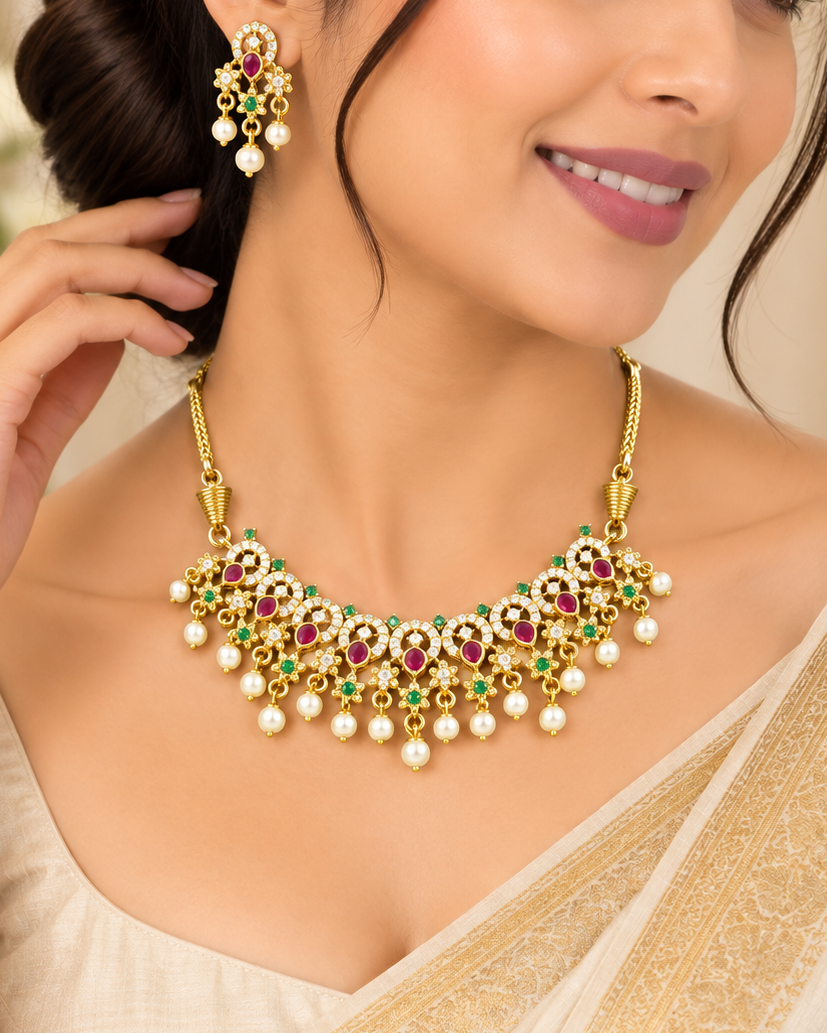Ruby Green Pearl American Diamond Set | GV676