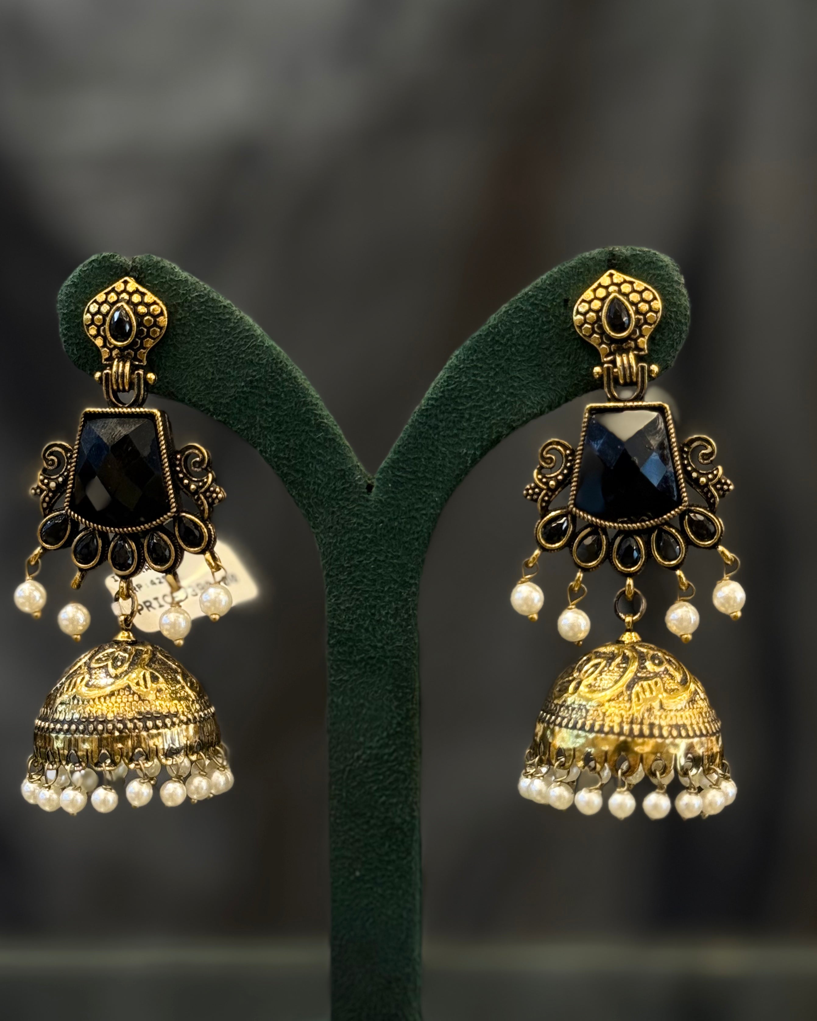 Gold Plated Stone Jhumka Earrings with Pearl Drops  | GV772