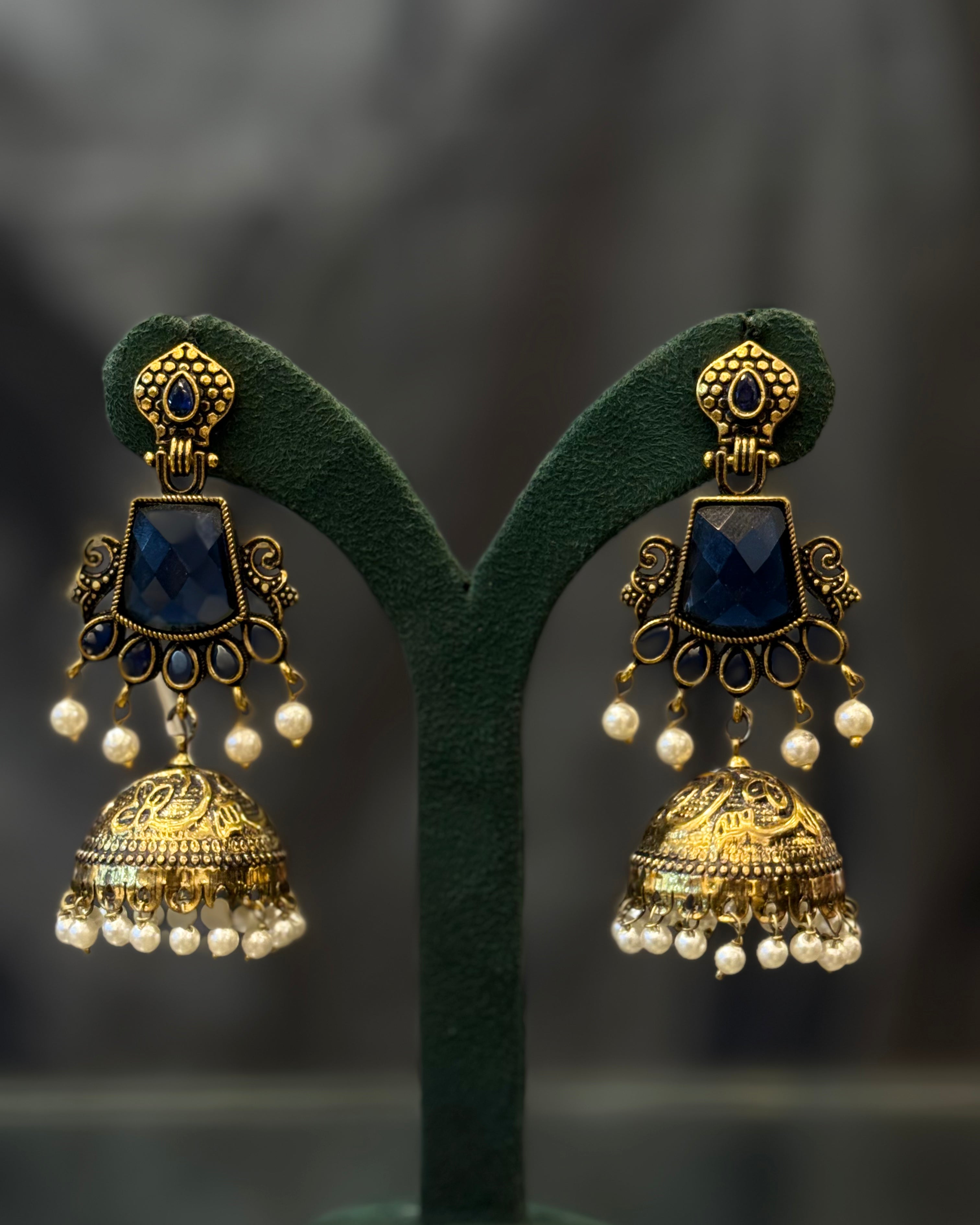 Gold Plated Stone Jhumka Earrings with Pearl Drops  | GV772