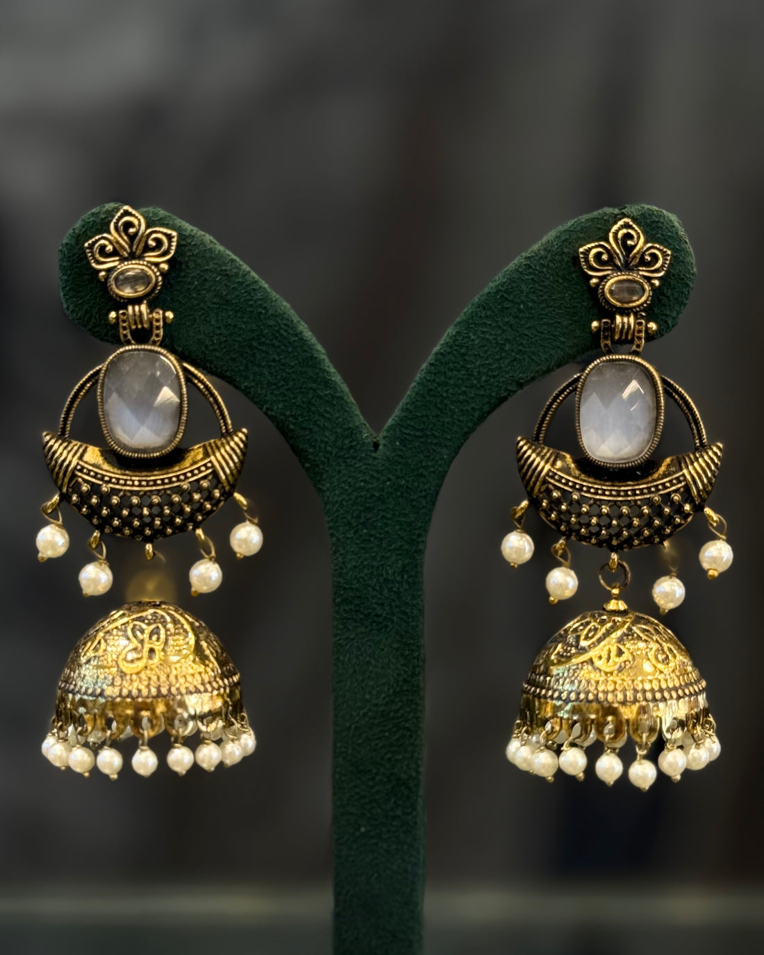 Gold Plated Stone Jhumka Earrings with Pearl Beads | GV773