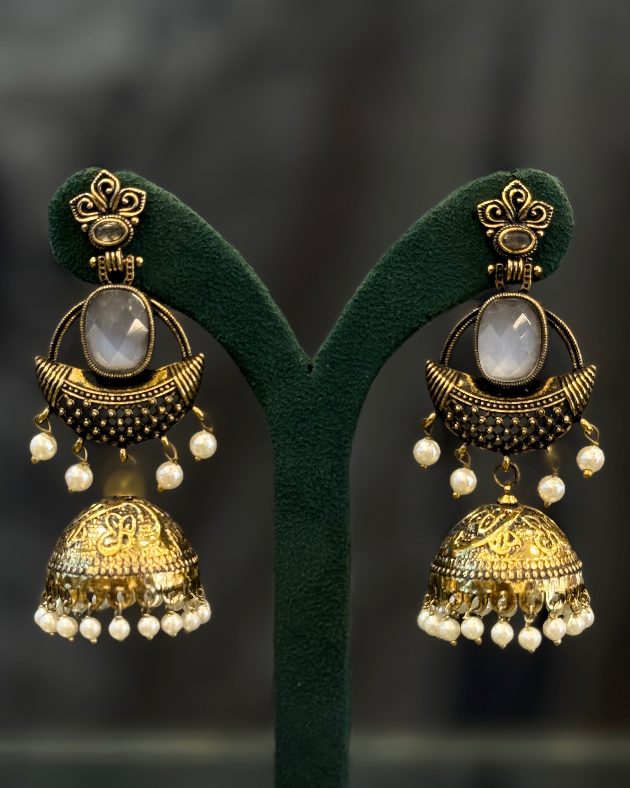 Gold Plated Stone Jhumka Earrings with Pearl Beads | GV773