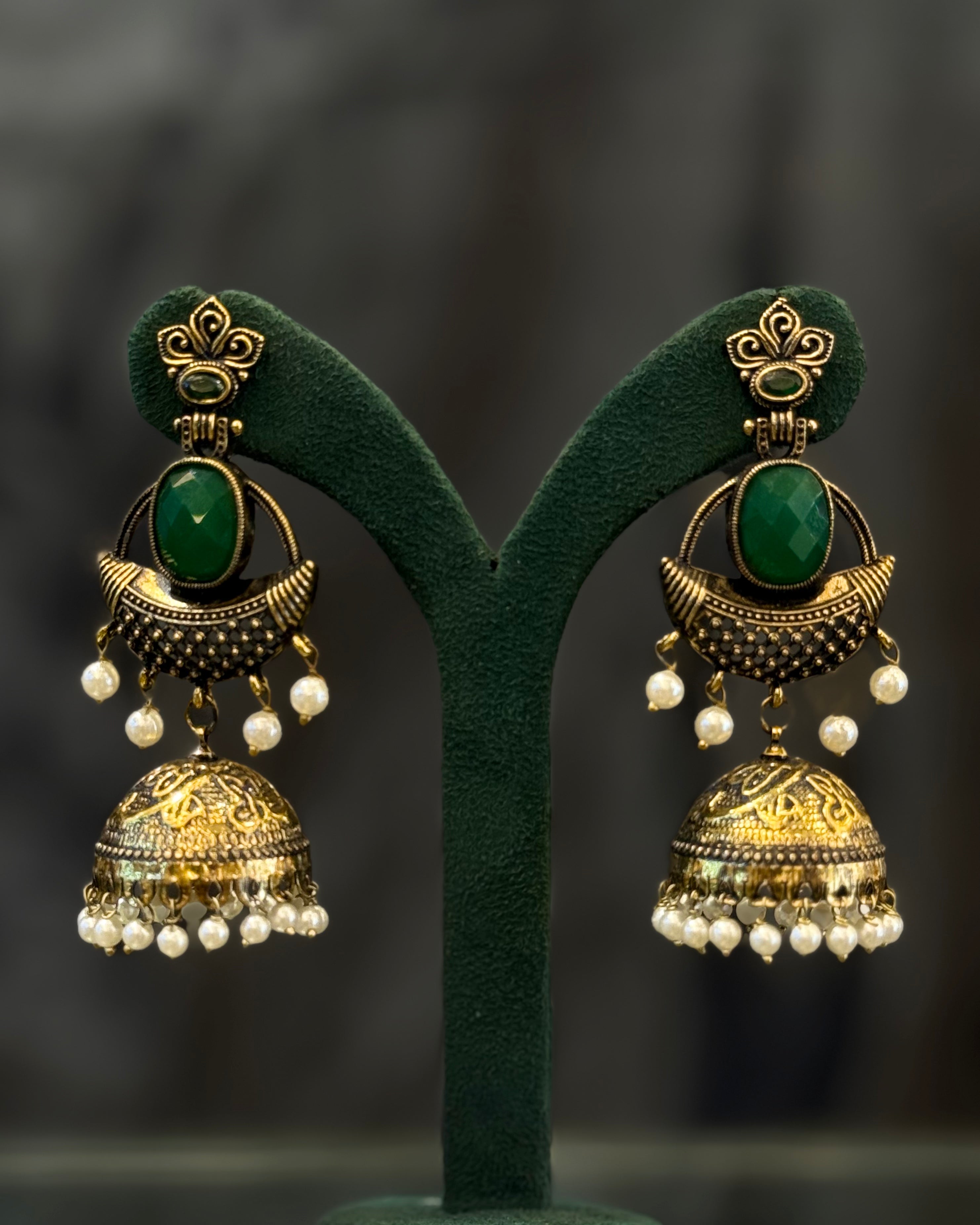Gold Plated Stone Jhumka Earrings with Pearl Beads | GV773
