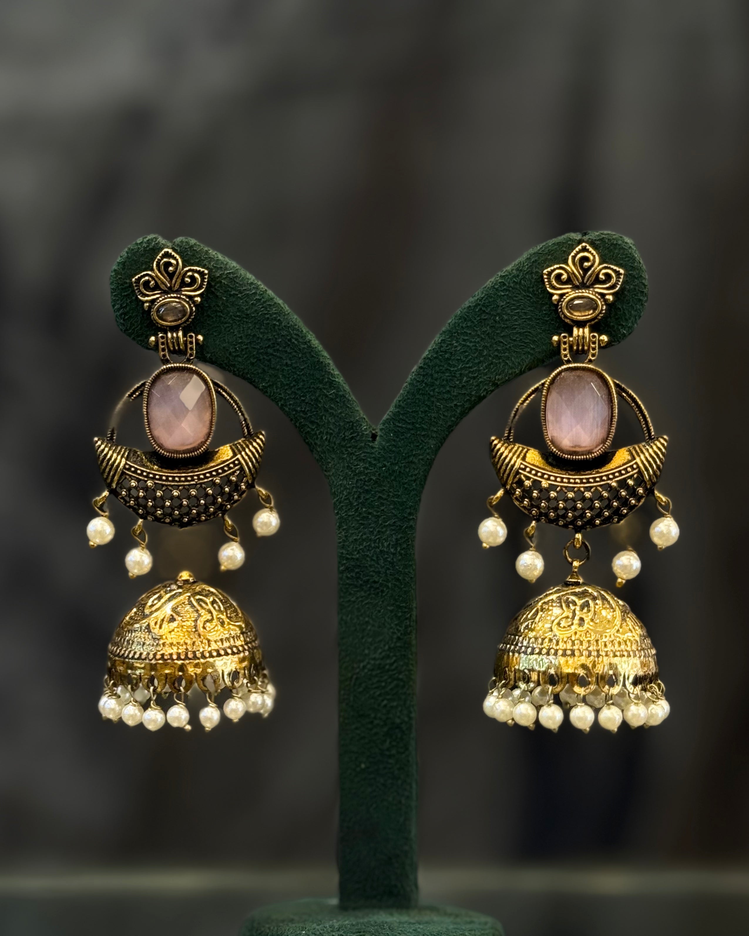 Gold Plated Stone Jhumka Earrings with Pearl Beads | GV773