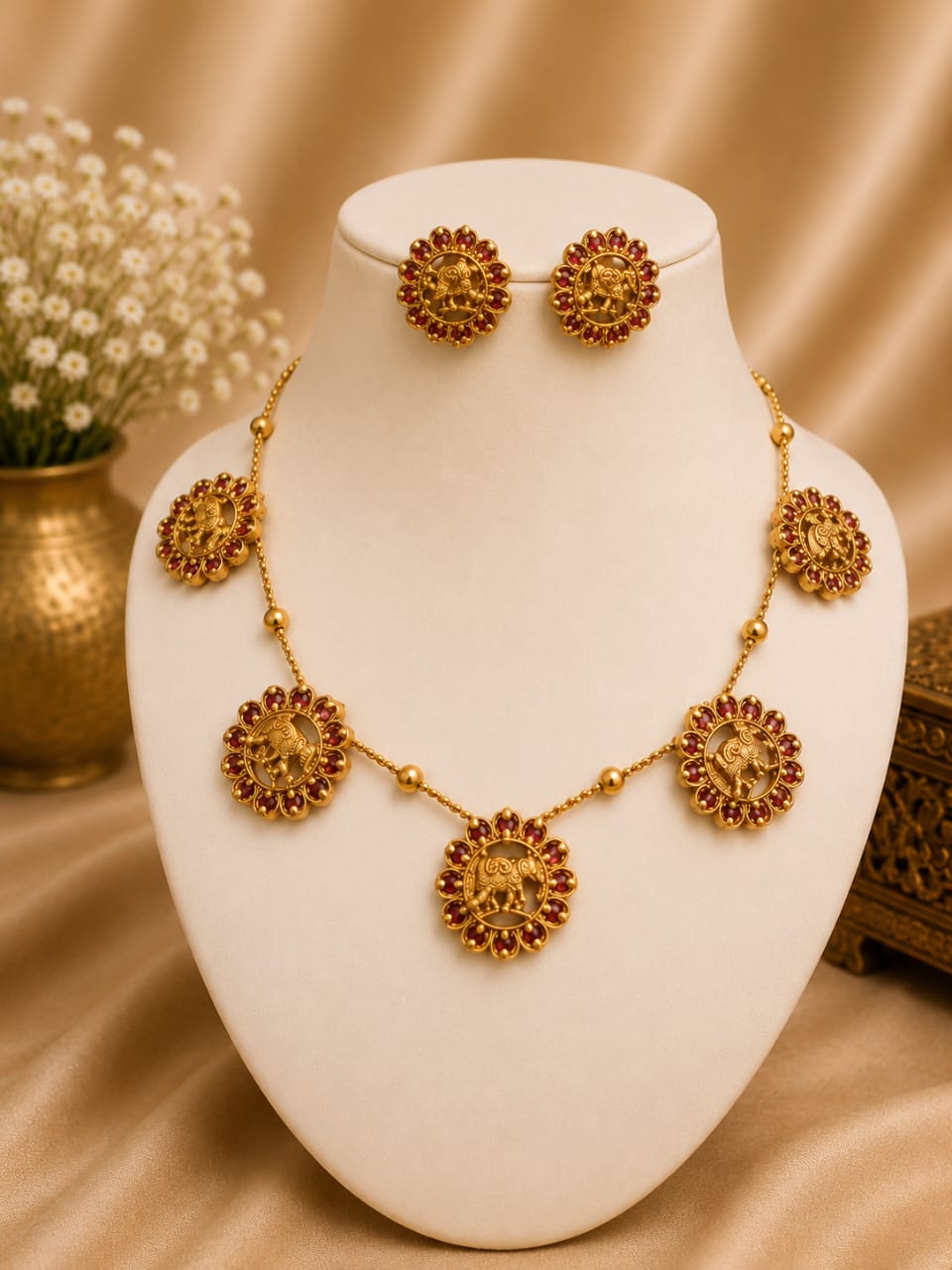 Gold Nakshi Filigree Sunflower Disc Choker Necklace Set | OL 14