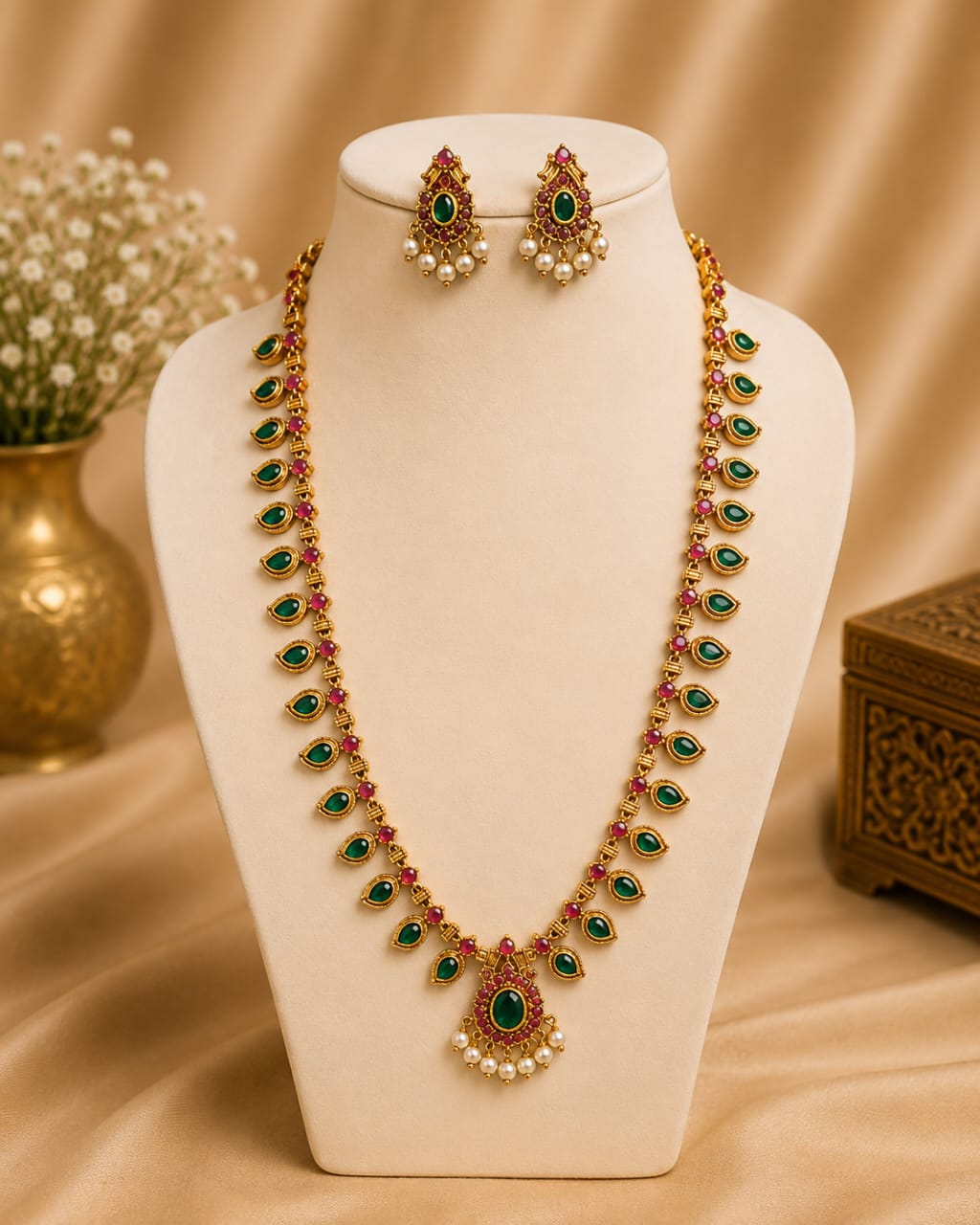 Gold Ruby Emerald Kemp Teardrop Long Haram Necklace Set | OL 46
