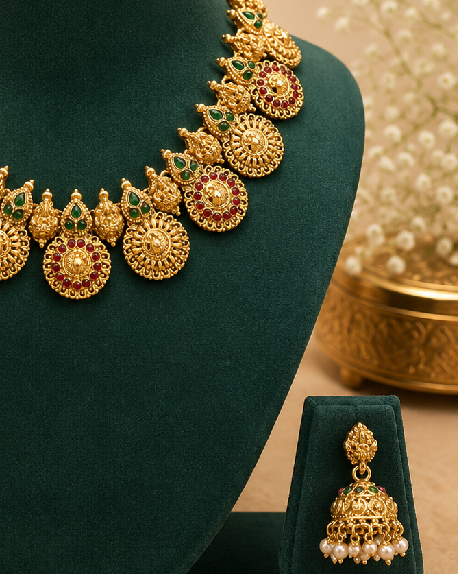 Gold-toned traditional jewelry set displayed on a dark green velvet stand, including a statement necklace with circular motifs and matching drop earrings, set against a warm beige background with decorative fabric and pearls.