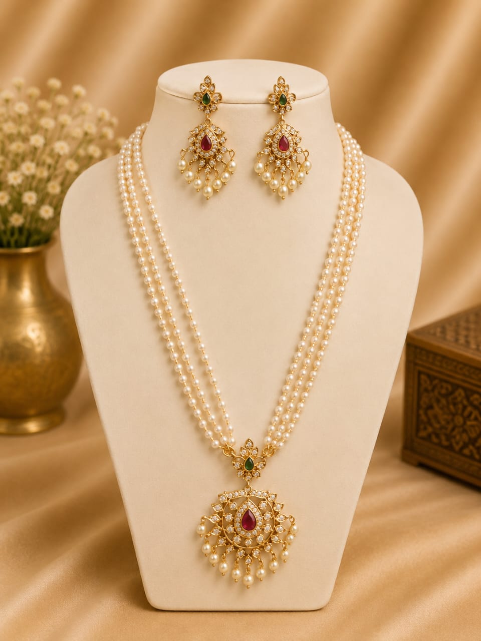 Gold Polki CZ Ruby Kemp Triple Strand Pearl Long Haram Necklace Set | LV 1414
