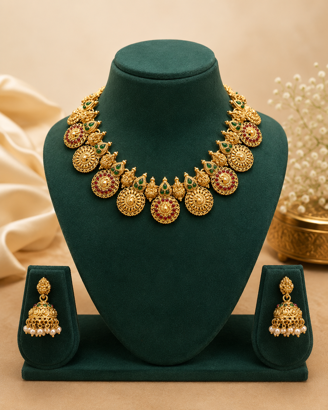 Gold-toned traditional jewelry set displayed on a dark green velvet stand, including a statement necklace with circular motifs and matching drop earrings, set against a warm beige background with decorative fabric and pearls.