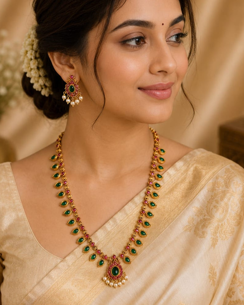 Gold Ruby Emerald Kemp Teardrop Long Haram Necklace Set | OL 46