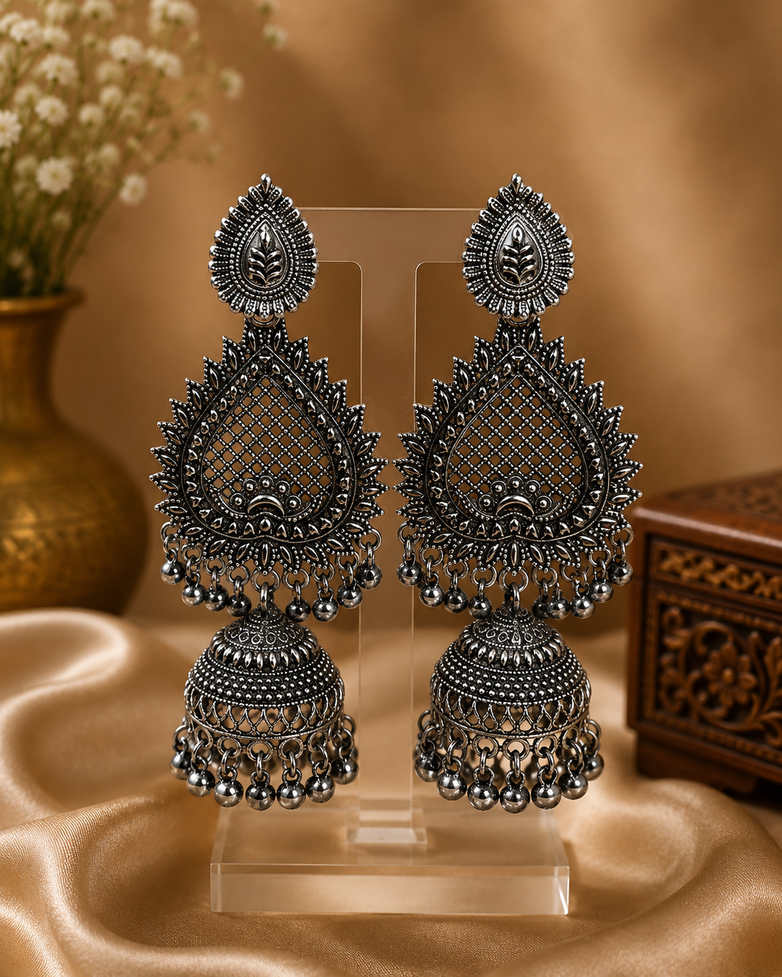 Oxidised Silver Nakshi Teardrop Lattice Jhumka Earrings | LV 1321