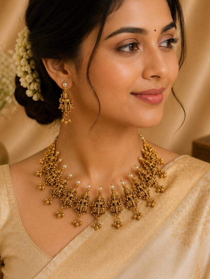 Antique Gold Nakshi Lakshmi Temple Fringe Choker Necklace Set | LV 1401